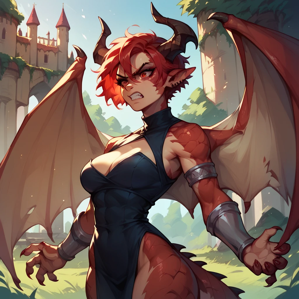 a female dragon with red eyes and short red hair. she has claws and wings and horns. she looks angry and is standing inside a dreary castle. she has on barbarian clothes waist up.