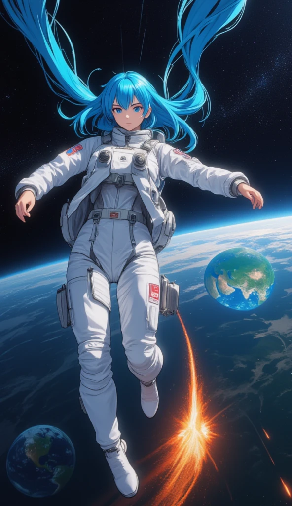  A beautiful young Korean woman .
blue hair.
sexy.
dressed as an astronaut . 
 Is falling from space toward Earth.
At your feet an aura of glowing fire . 
(anime style 32K, HDR, UHD, intricate detail, extremely intricate detail, hyperrealistic, extremely realistic, high quality, vivid color, extremely detailed).