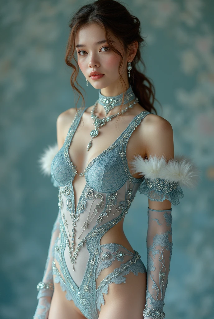 (Featured on the cover of a fashion magazine、Top quality color photo of a mysterious beautiful woman wearing luxury lingerie, haute couture fashion shoot, Blue and silver :1.2),(extremely delicate and beautiful work:1.2), Elegant Pose, glamorous fashion pose, (Sacred Light, with neon lights, grand background, starryskybackground), Art Nouveau, focus on art nouveau suit, Luxury Fashion,(she is the embodiment of beauty and charm, ), (very delicate lace lingerie, sexy lingerie, elegant and sophisticated fashion, her flowing hair falls gracefully, Perfectly complement with classy and elegant makeup:1.2), (Black hair), Detailed face, Looking at Viewer, Detailed eyes, Black eyes, Lustrous lips ,subtle smile, cleavage, (Large breasts, Nipple ,Camel toe:1.1), slender physique, Beautiful figure, Perfect female body, (Large breasts), gentle and mysterious expression, High color saturation, surrealism , (Best Quality, masutepiece, ultra-detailliert, 超A high resolution, Photorealistic, Raw photo, absurderes, absolutely resolution:1.4),