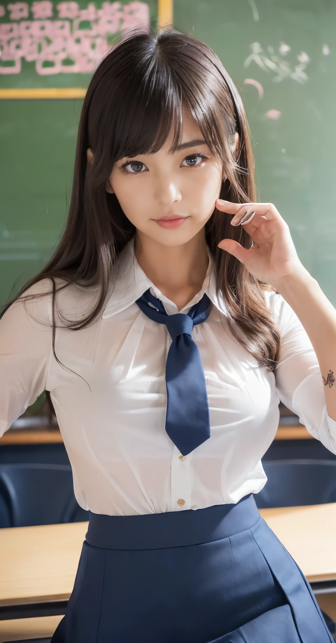 school teacher outfit,cute,Mature milf lad,super,full body,nice perfect face with soft skin perfect face,gorgeous long wavy brown-haired,8K resolution,ultra-realistic,ultra-detailed,highs quality,gigantic breasts:1.4)