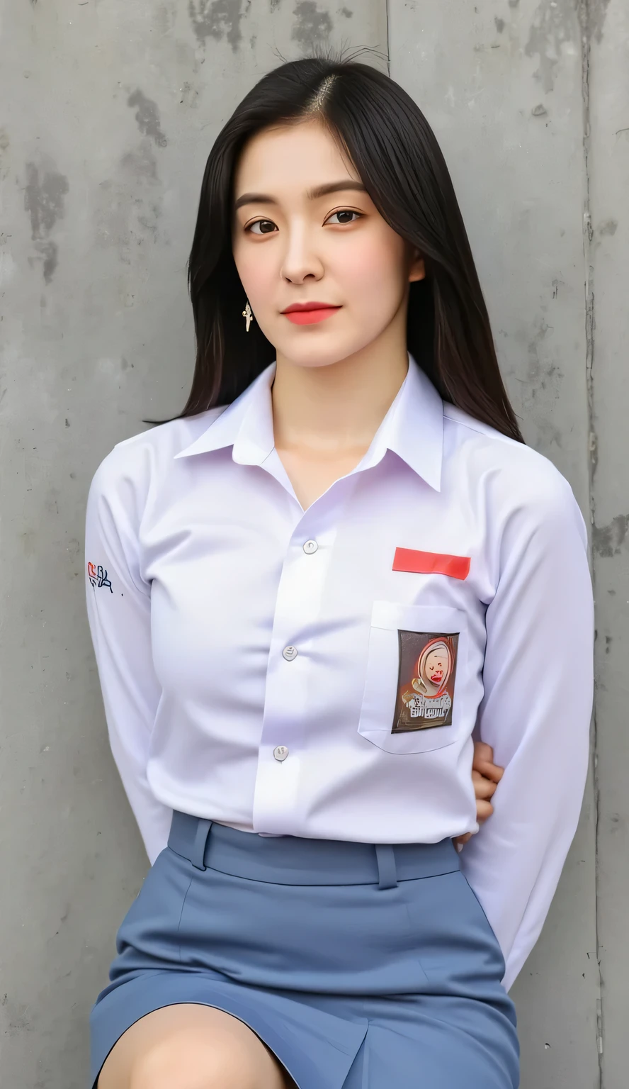  A 20-year-old woman, sitting facing forward,  both hands behind the body ,  using tight indonesian school uniform long sleeves, tight long skirt bottoms ,  using white hijab ,  using cross necklace , dark red lips , seductive face, big breasts