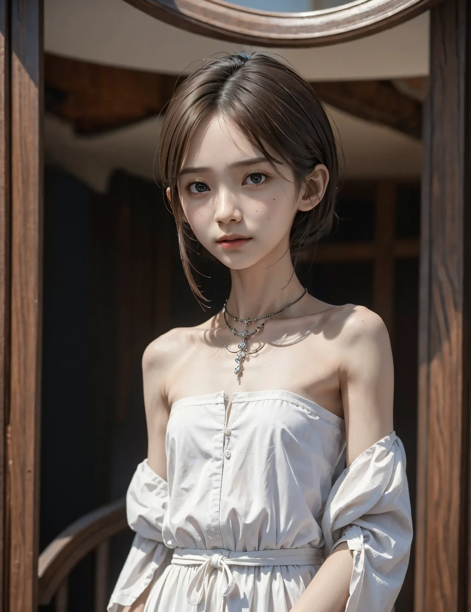  Unity 8K Wallpaper,  more details,  beautiful,  beautiful, masterpiece,  top quality, vibe, mystery, Romanticism, literature, art, fashion,  Victorian, Decoration, Complexity, Ironwork, race, meditation, Depth of emotion,  Supernatural, 1 girl, white skin,White Shoulders,Narrow shoulders,Thin arms, slender waist, bun hair 