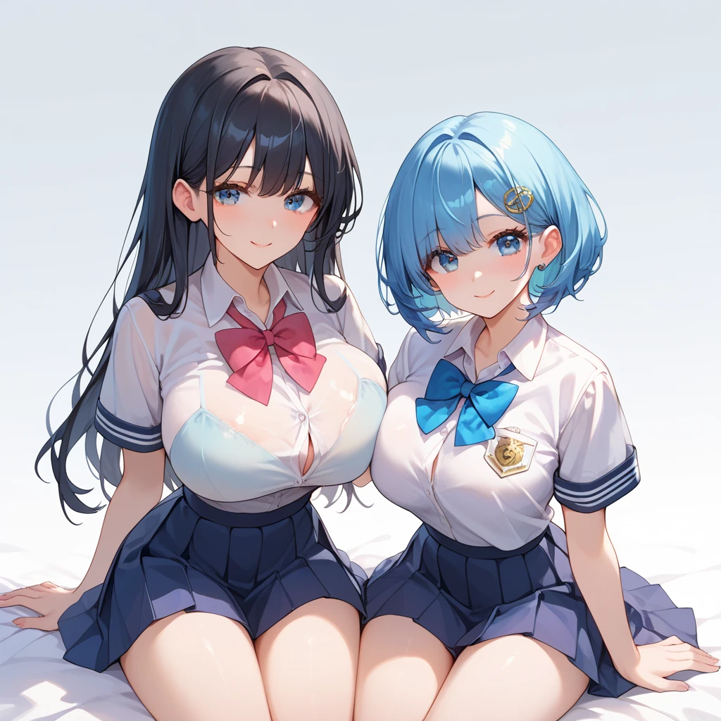 Two Girls, One has blue hair、The other one is in a uniform with white hair.　Short sleeve　　nude　Big Breasts　Footjob　