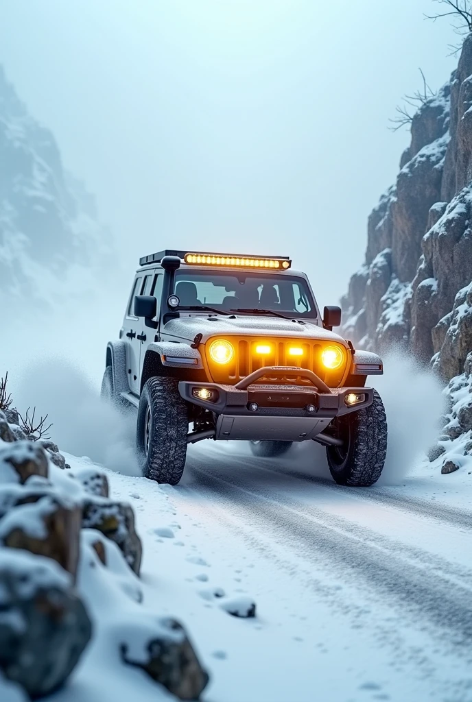 photorealistic,( powerfully running up a mountain road in a heavy snowfall area ４WD car),( equipped with 6 yellow fog lights on the front),(Fog is occurring at high altitudes ),