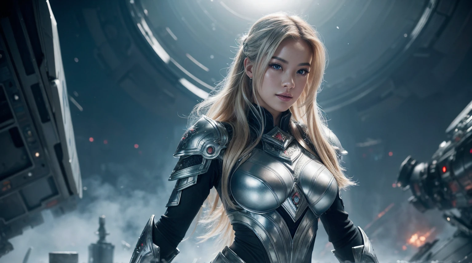 An ultra-realistic cinematic scene featuring BLACKPINK's Rosé in a frozen futuristic city. The scene depicts a sensual BLACKPINK's Rosé standing triumphantly on a battlefield, with in front of a exploding space battleship. her strong physique glistening with sweat and remnants of battle. She has long flowing blonde hair with bright highlights that fall freely around her. She has a curvy figure, dressed in a mix of glossy silver and ice-blue segmented plate armor, ornate motif with beautiful glowing patterns sexy tiny attire showing breasts. She smiled warmly, her relaxed and joyful expression capturing the moment of elation over victory in war. A breathtaking skyscraper is seen in the spaceship background. Wide angle shot. Rendered in ultra-realistic 12K resolution, Very sharp. 70-200mm f4 lens