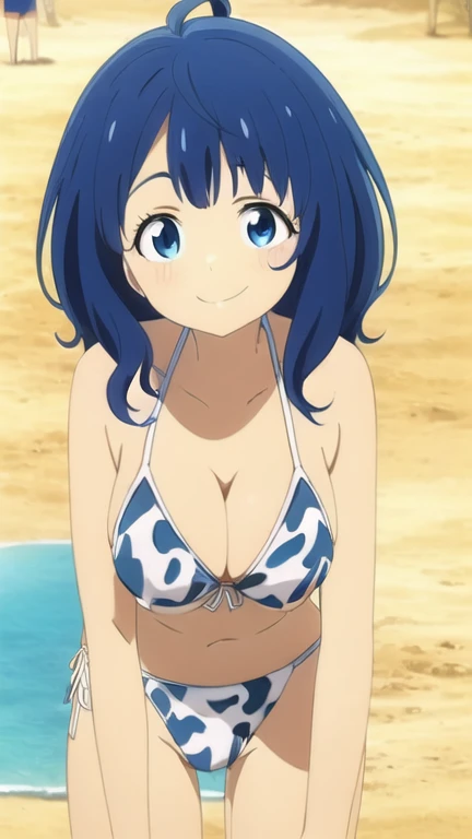 ((highest quality)),((very detailed)),masterpiece,confused,detailed face,beautiful face,(fine eyes, Deep Eyes),(1 girl),((dynamic pose)), Minase, 1 girl, alone, In underwear,pink bra,Pink lace panties, blue eyes, embarrassing smile, blush, looking at the viewer, side ponytail, blue hair, clavicle, bangs, Anime Coloring Book, beach background, cowboy shot