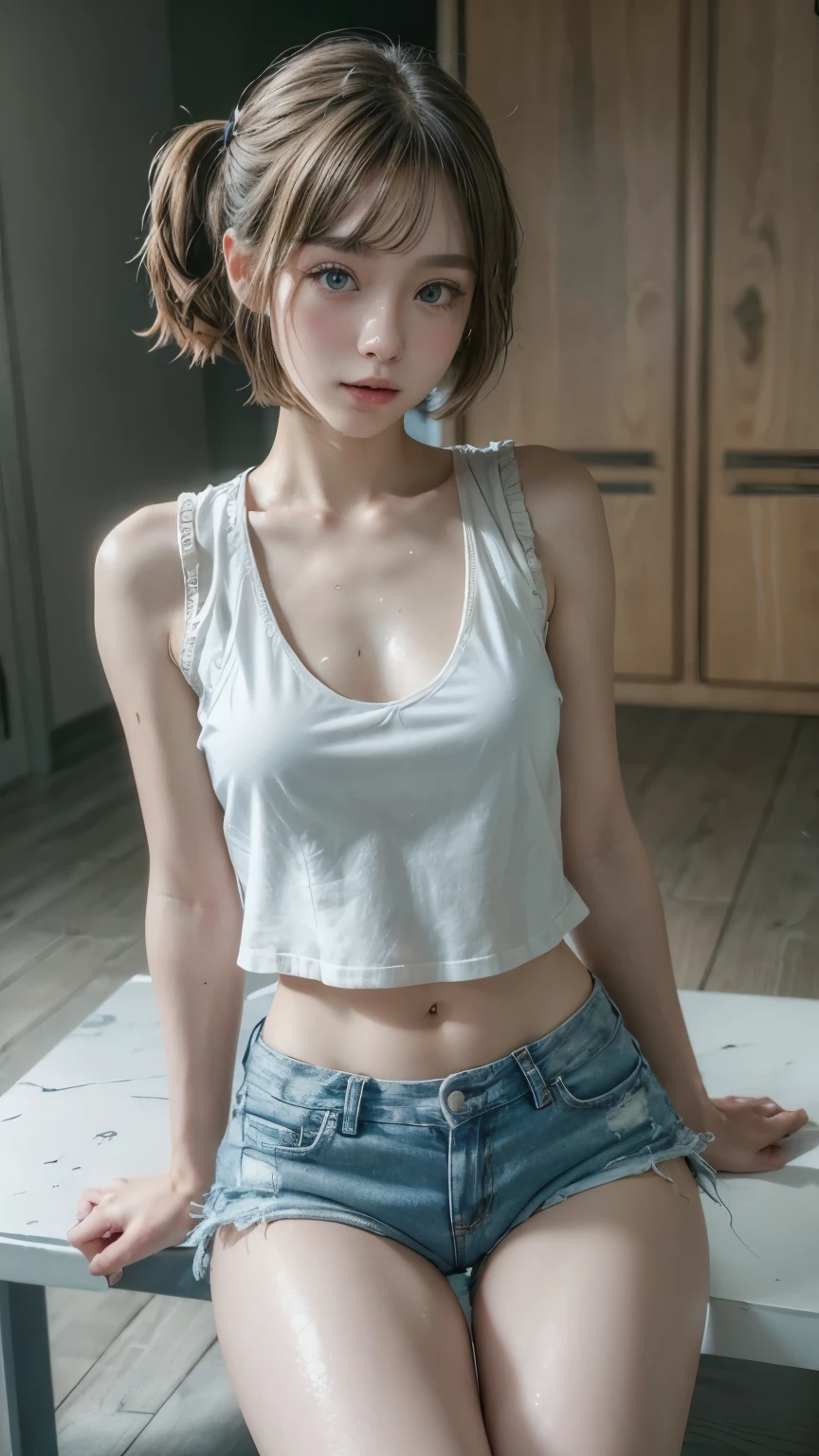 (masterpiece, highest quality), One girl, 22 years old, Micro Shorts, Denim shorts, Tank top, Sexy pose,Pregnant women in their final month、Pregnant women、necklace、