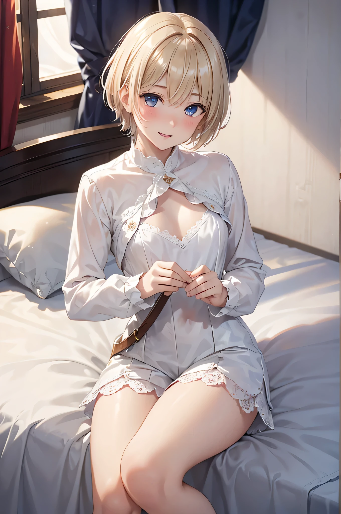  8K resolution ,(( top quality)), ultra high definition,prince, Alone, ( embarrassed smile), (Light brown eyes),  beautiful symmetrical face , ( platinum blonde short hair ), white long sleeve shirt,Noble Attire , Lace Shorts , white tights, realistic:1.4, realistic:1.4,(masterpiece:1.2), perfect eyes, perfect eyes, Perfect Thighs ,（ open your mouth:1.3),Sigh,bedroom, boy, flat chest