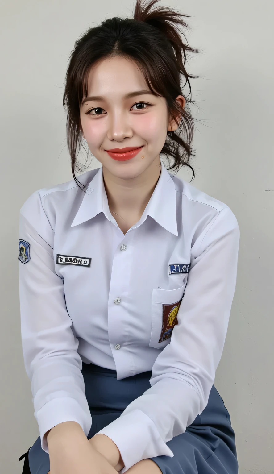  A 25-year-old woman , sitting facing forward, using long sleeve transparent indonesian school uniform,  long blue skirt ,  bright red lips , Smiling face,  ponytail hair 