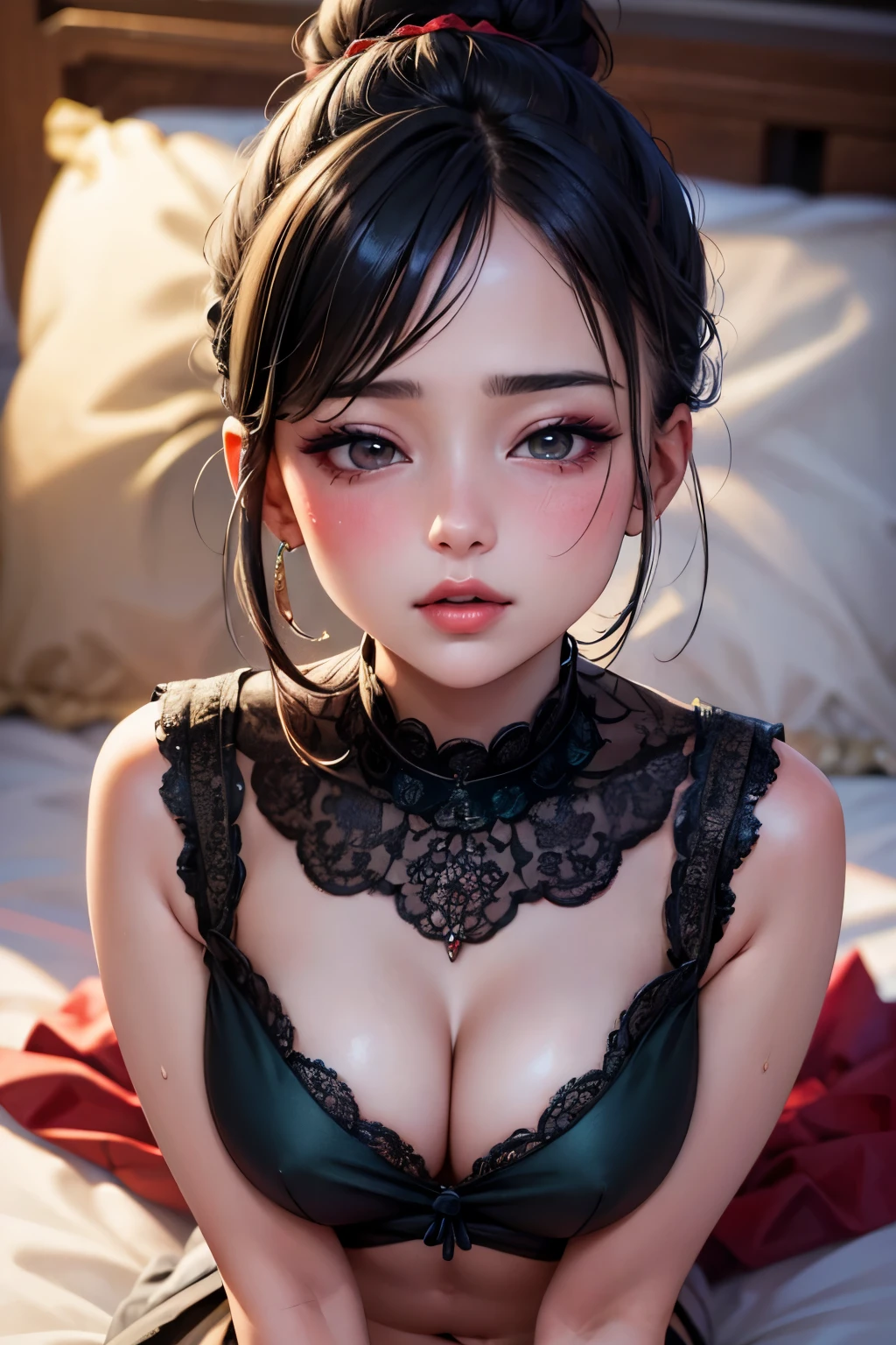 Sexy and cute woman, MILF, neighbour, black hair tied in a braid, sexy eyes, seductive gaze, red lips parted, blushing intensely, long neck, bare shoulders, medium chest, cleavage, sexually aroused expression, lustful expression, upper body, medium chest, cleavage, bedroom, lying on bed
