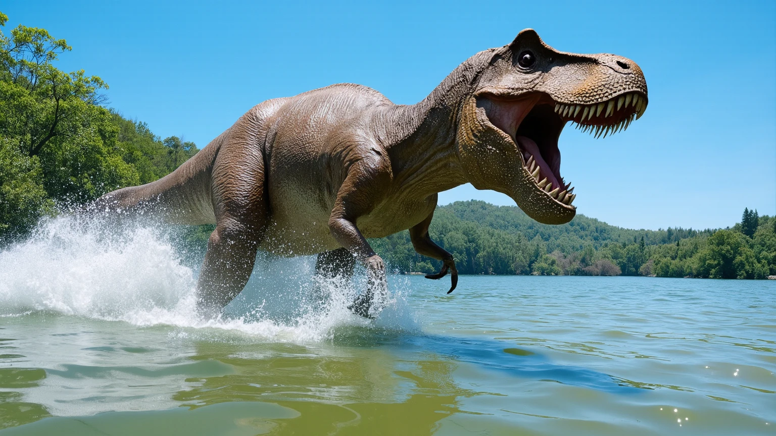 under the blue sky、A dynamic Tyrannosaurus runs splashing water on a beautifully colored lake that is shallow。