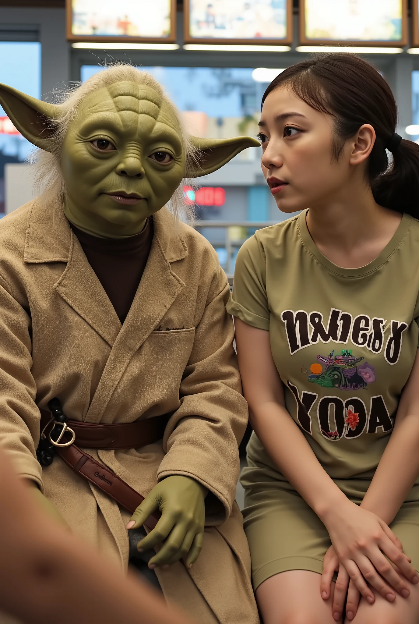 High resolution photograph. the first is Jedi-Master Yoda from “Star Wars saga" wearing t-shirt printed "I'm Master Yoda". the second is a Japanese woman named yoda_yuuki in t-shirt printed "My name is Yoda".
They are sitting side-by-side in a McDonald's store, gazing at each other. detailed face, perfect anatomy, perfect hand.
