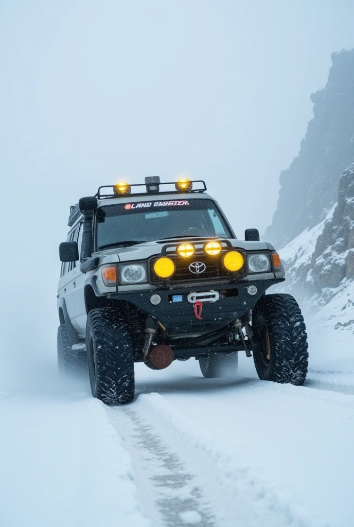 photorealistic,( powerfully running up a mountain road in a heavy snowfall area ４WD car),( Land Cruiser ),( equipped with 6 yellow fog lights on the front),(Fog is occurring at high altitudes ),