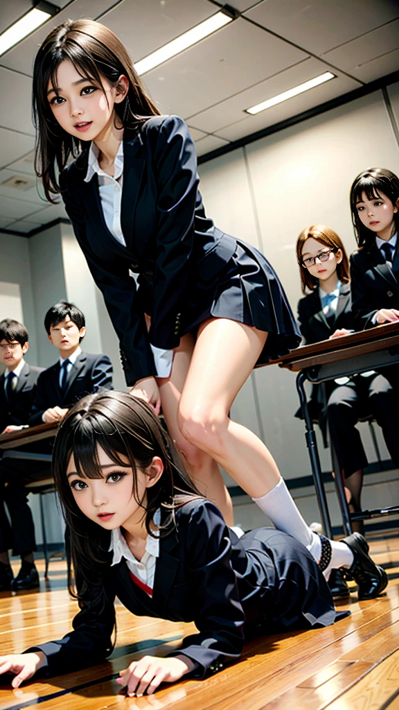 (3man:1.7),(6woman:1.7), pov, ((pussy juice)), standing,chair, nude, spread legs, (penis in pussy:1.2), (rope:1.2),( shibari:1.2),penis, pussy, medium breasts, solo focus, bangs, black eyes, (((sweat))), (wet hair:0.3), RAW photo, best quality, masterpiece, realistic, classroom,poneyTail、(slim figure:1.2)、(Smaller chest:1.4)、Beautiful crotch、japanese girl,18 years old,high school student,,fullbody,,(restrained:1.7),(arms behind back:1.0),high school,(2boy:1.7),(1man:1.7),(3girl:1.7),student,teacher,desk,Chair,orgasm,,public indecency,★embarrassed,full-face blush, naked:1.5),(the man is naked:1.5),many students,(front view:1.0),(A naked man stands next to a woman:1.2),(a man is touching a woman's hair:1.5),man is 50 years old,man is slim,man is teacher,(man is naked:1.5),dildo,sextoy,many student,many teacher,(Many female students are standing and watching:2.0),(three girls tied up:2.0),