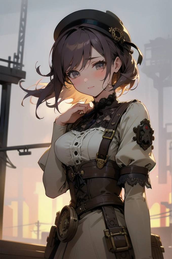 Alafe in leather costume posing for photo、Garter Belt、Steampunk Pin-Up Girl、Steampunk girls、steampunk beautiful anime woman、(highly detailed figure)、Beautiful Goddess of Steampunk、steampunk cyberpunk、Wearing steampunk costumes、Wearing a detailed steampunk dress、Close-up portrait shot、steampunk inventor girl、