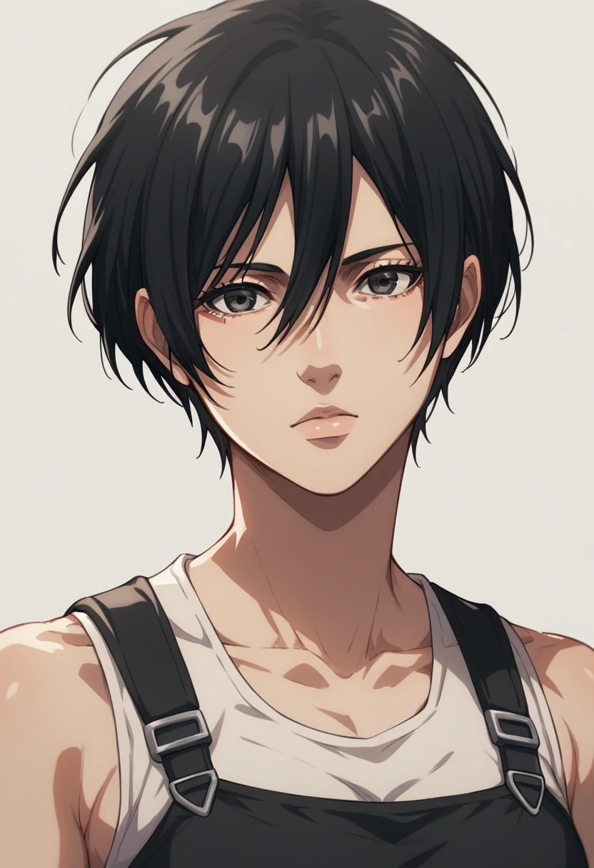 score_9, score_8_ up, score_7_ up,  interruption source_Anime, Mikasa Ackerman is now an adult,  dark eyes,  black hair,  short hair ,   tank top, Black Trousers 