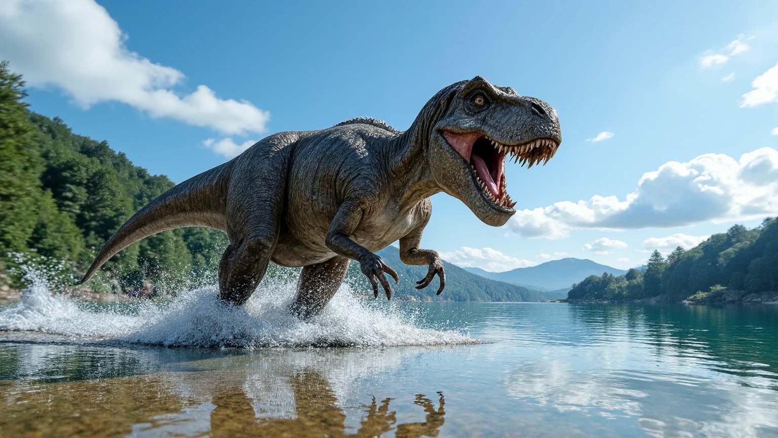 under the blue sky、A dynamic Tyrannosaurus runs splashing water on a beautifully colored lake that is shallow。