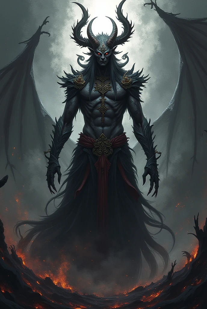 Create a male tiefling character with gray skin., gold eyes, black hair, wings and tail, tatoo, muscular in a clear scenario 
