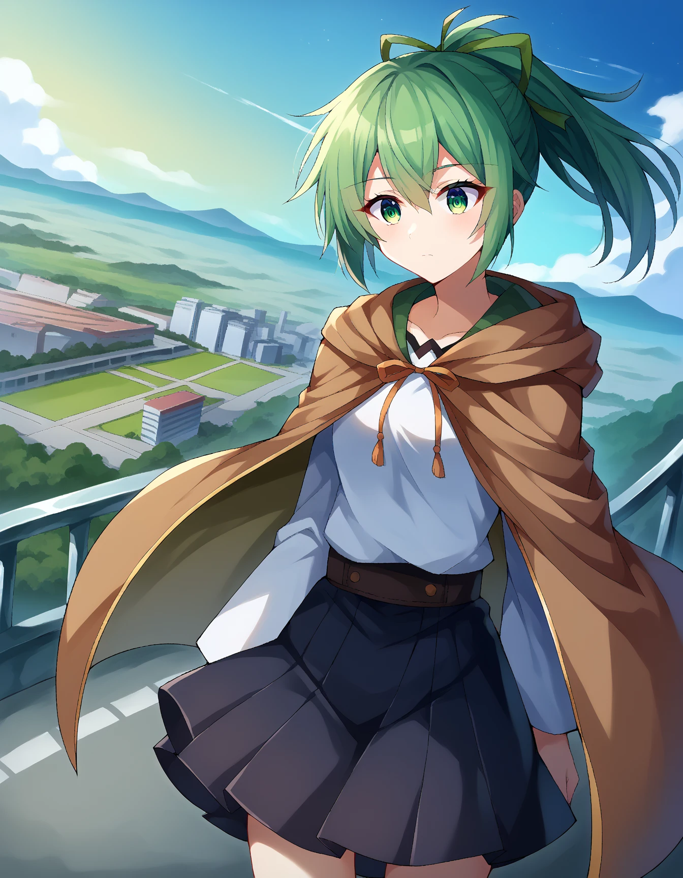 score_9, score_8_ up, score_7_ up,  source_Anime,
wynnthewindcharmer ,  windcharmer's win,  Eyes, 緑Eyes,  green hair,  ponytail, ribbon, hair ribbon,
black  skirt , brown Cape, Cape,  Cleveland ,  shirt,  skirt , white  shirt,
Outdoors, citysCape,
 is looking,  cowboy shooting,  Dutch angle ,