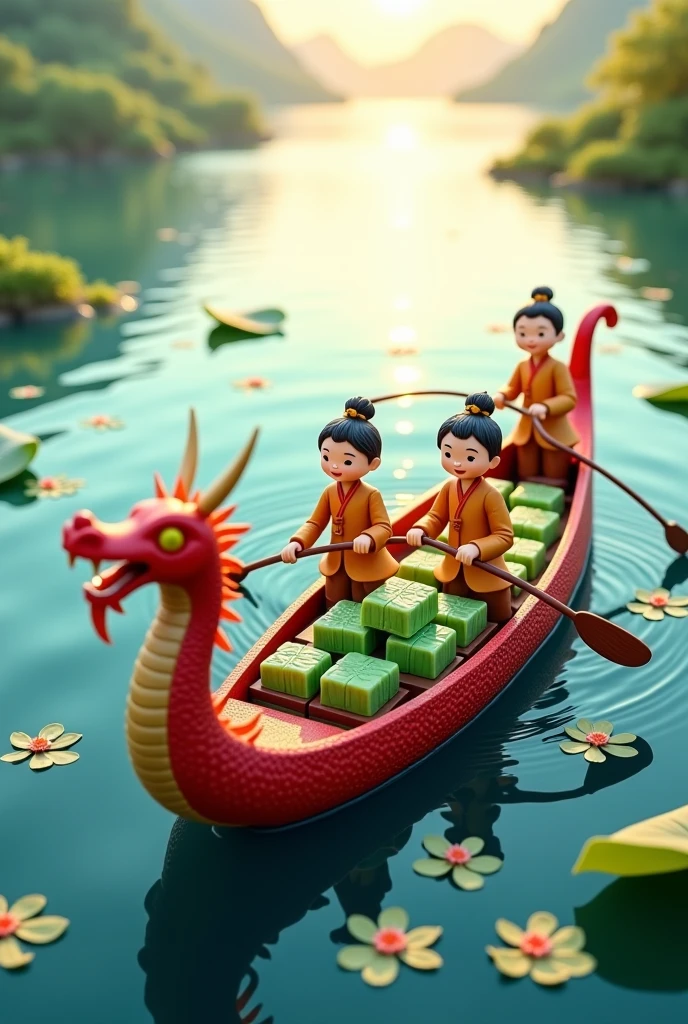 Dragon Boat Festival, on the surface of the water there are 3 children wearing Hanfu paddling on the dragon boat, there are delicious zongzi on the boat, green zongzi are super detailed, the best quality, there are lotus leaves on the water, super detailed