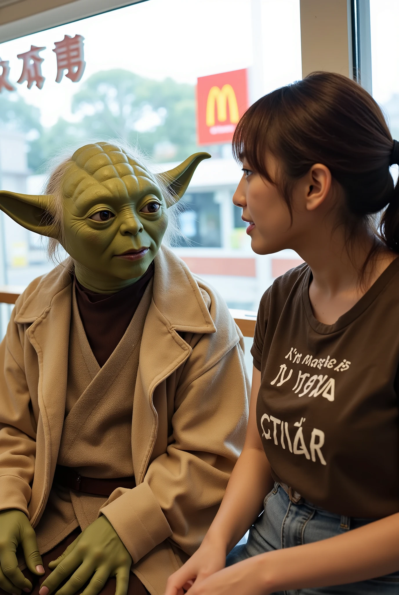 High resolution photograph. the first is Jedi-Master Yoda from "Star Wars saga" in t-shirt printed "I'm Master Yoda". the second is a Japanese woman named yoda_yuuki in t-shirt printed "My name is Yoda".
They are sitting side-by-side in a McDonald's store, gazing at each other. detailed face, perfect anatomy, perfect hand.
