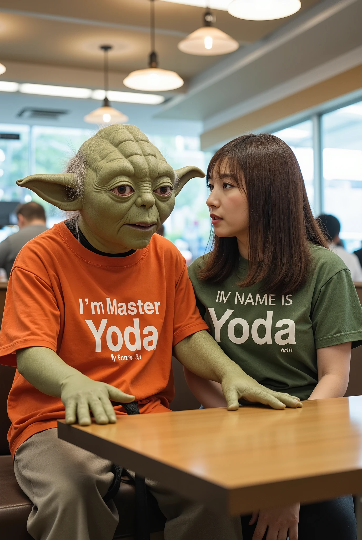 High resolution photograph. the first is Jedi-Master Yoda from "Star Wars saga" in t-shirt printed "I'm Master Yoda". the second is a Japanese woman named yoda_yuuki in t-shirt printed "My name is Yoda".
They are sitting side-by-side in a McDonald's store, gazing at each other. detailed face, perfect anatomy, perfect hand.
