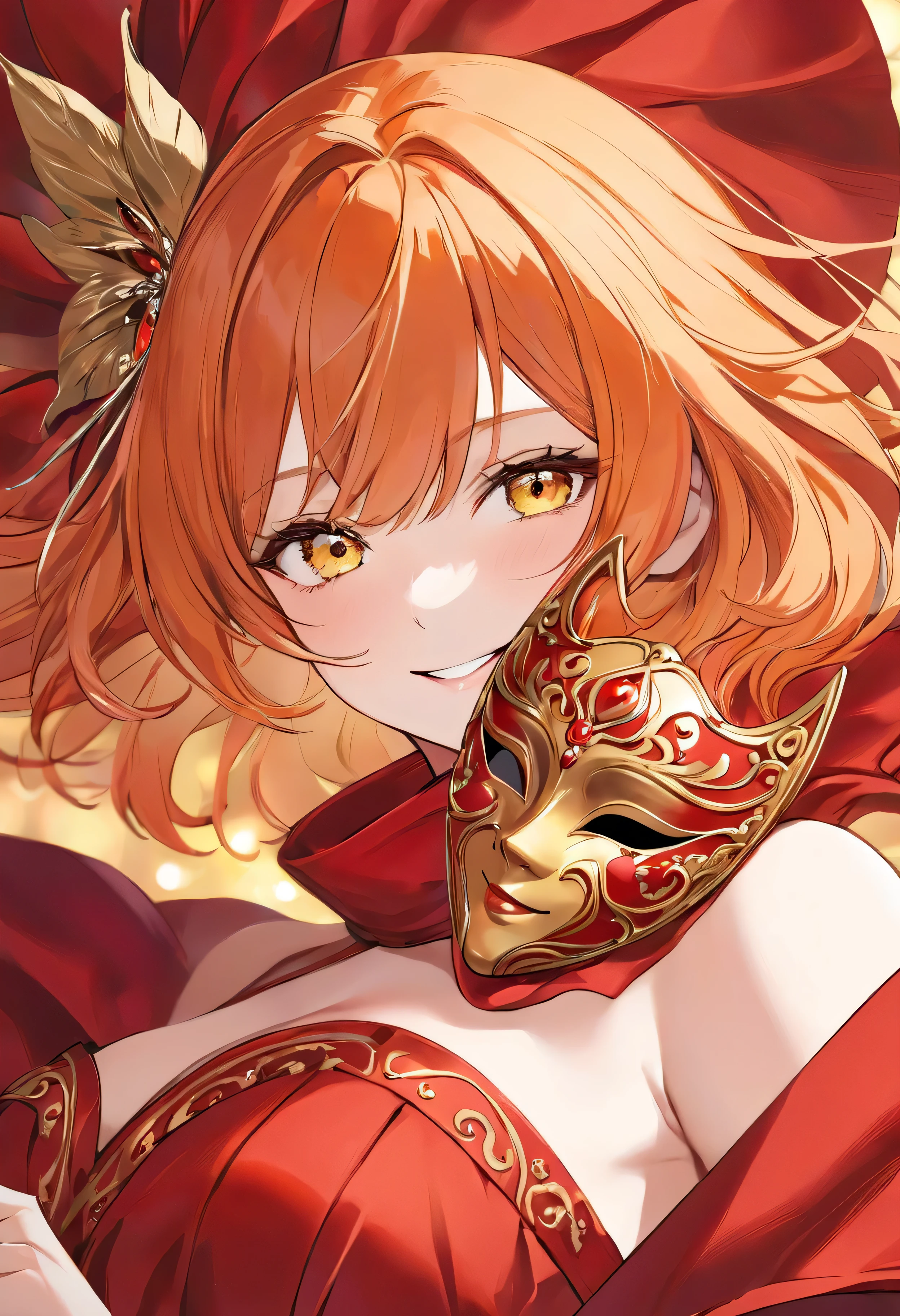 adult woman, short orange hair and yellow eyes、 face close-up、Wear a red, revealing dress、 Fearless Smile 、Background of the Opera、(Carrying a mask)