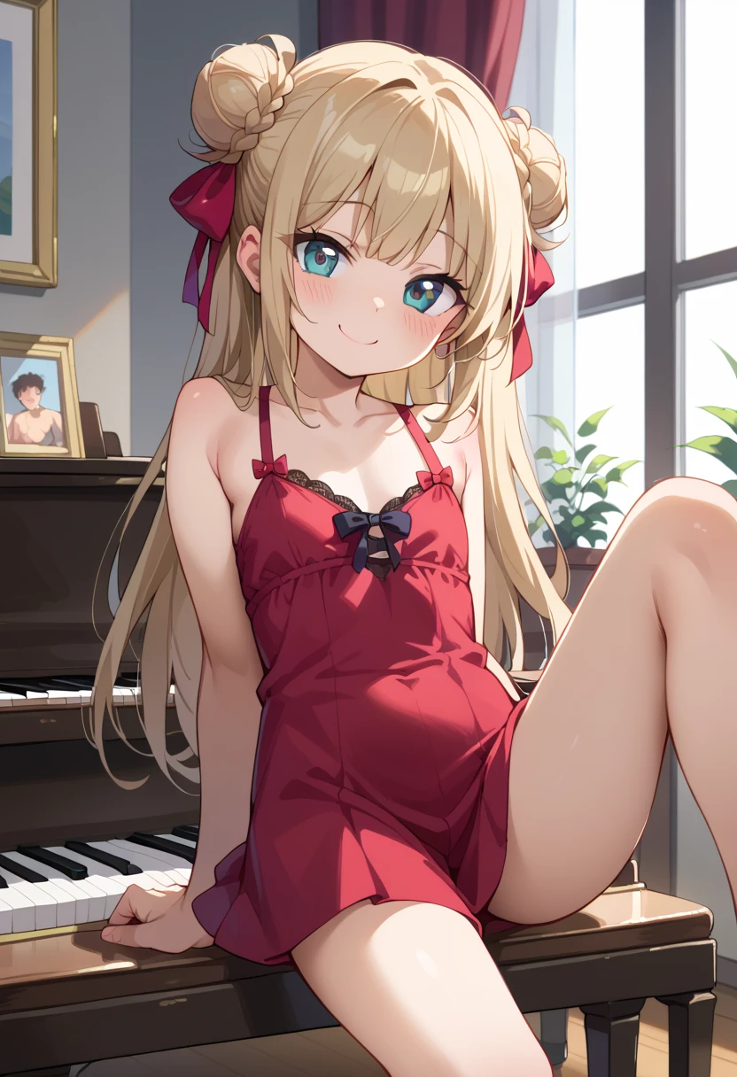 (( top quality)), ((masterpiece)), (be familiar with),  Perfect Face, indoor, bedroom,  Watching Viewers ,
One woman, I was,
開いた口,  ecstatic expression beside the piano, blush, smile,
 small tits,  flat chest, Young girl, Lori,  s,  girl,
 long hair,  twin bun hair ,
Leg spread,