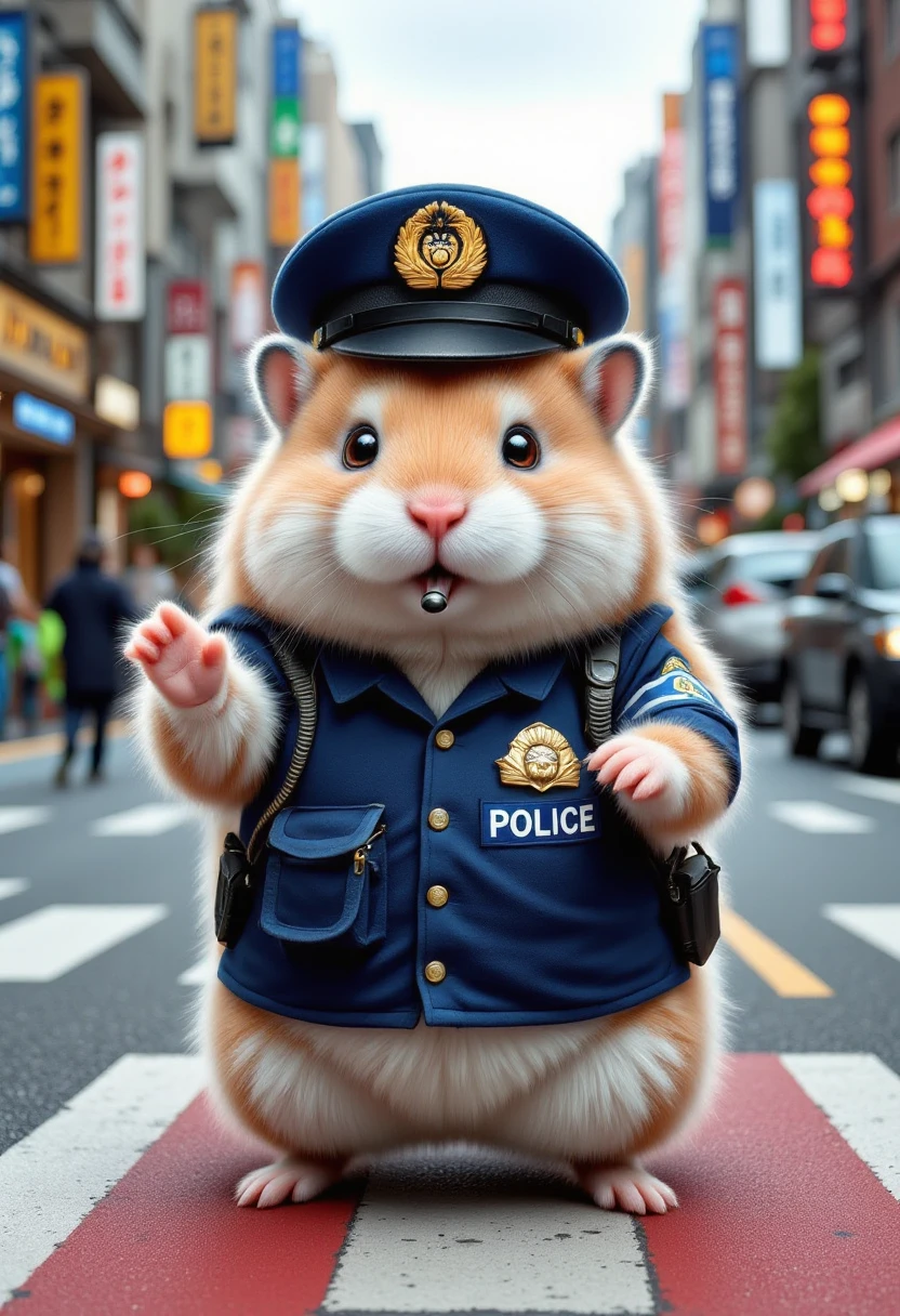 A very chubby, short-limbed, cute hamster wearing a Japanese Police Uniform. Directing traffic. Holding a whistle in its mouth.