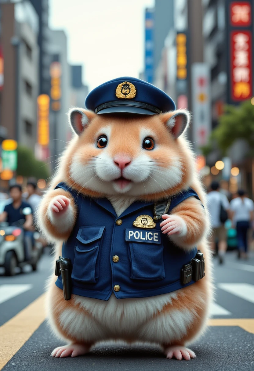 A very chubby, short-limbed, cute hamster wearing a Japanese Police Uniform. Directing traffic. Holding a whistle in its mouth.