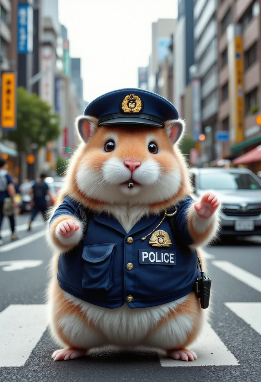 A very chubby, short-limbed, cute hamster wearing a Japanese Police Uniform. Directing traffic. Holding a whistle in its mouth.