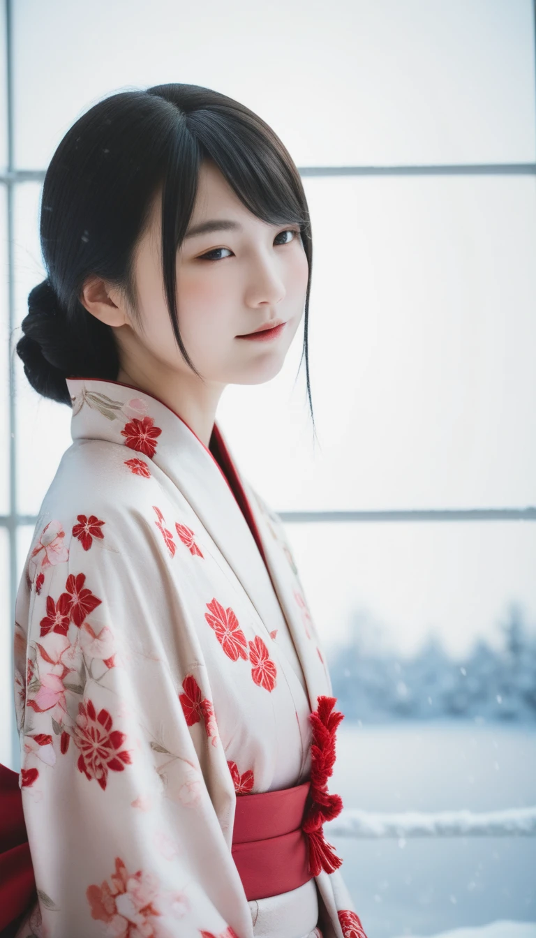  black hair、  cute顔, ( kimono)、( top quality,Masterpiece:1.3, super A high resolution,),( very detailed, caustics ),( Photorealistic:1.4,RAW shooting,) super realistic capture , very detailed,High resolution 16K suitable for human skin、  skin texture is natural 、、 for even skin tone and healthy appearance、  use natural light and color , one woman, Japanese ,, cute, black hair, Making middle hair ,( depth of written border 、 Color Difference、、Wide lighting range、Natural Shading、)、、( snow is falling :1.3)、( hair fluttering in the wind:1.3)、( snow reflects light :1.3)