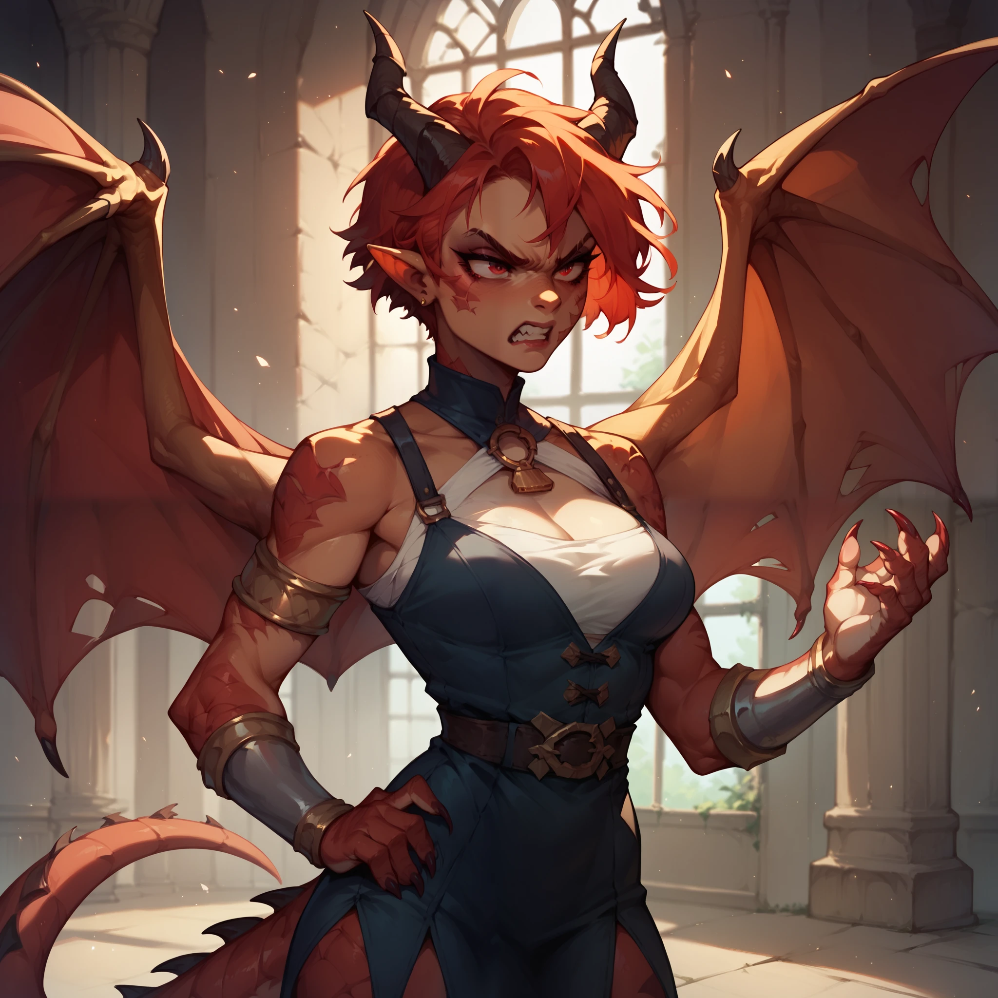 a female dragon with red eyes and short red hair. she has claws and wings and horns. she looks angry and is standing inside a dreary castle. she has on barbarian clothes waist up.