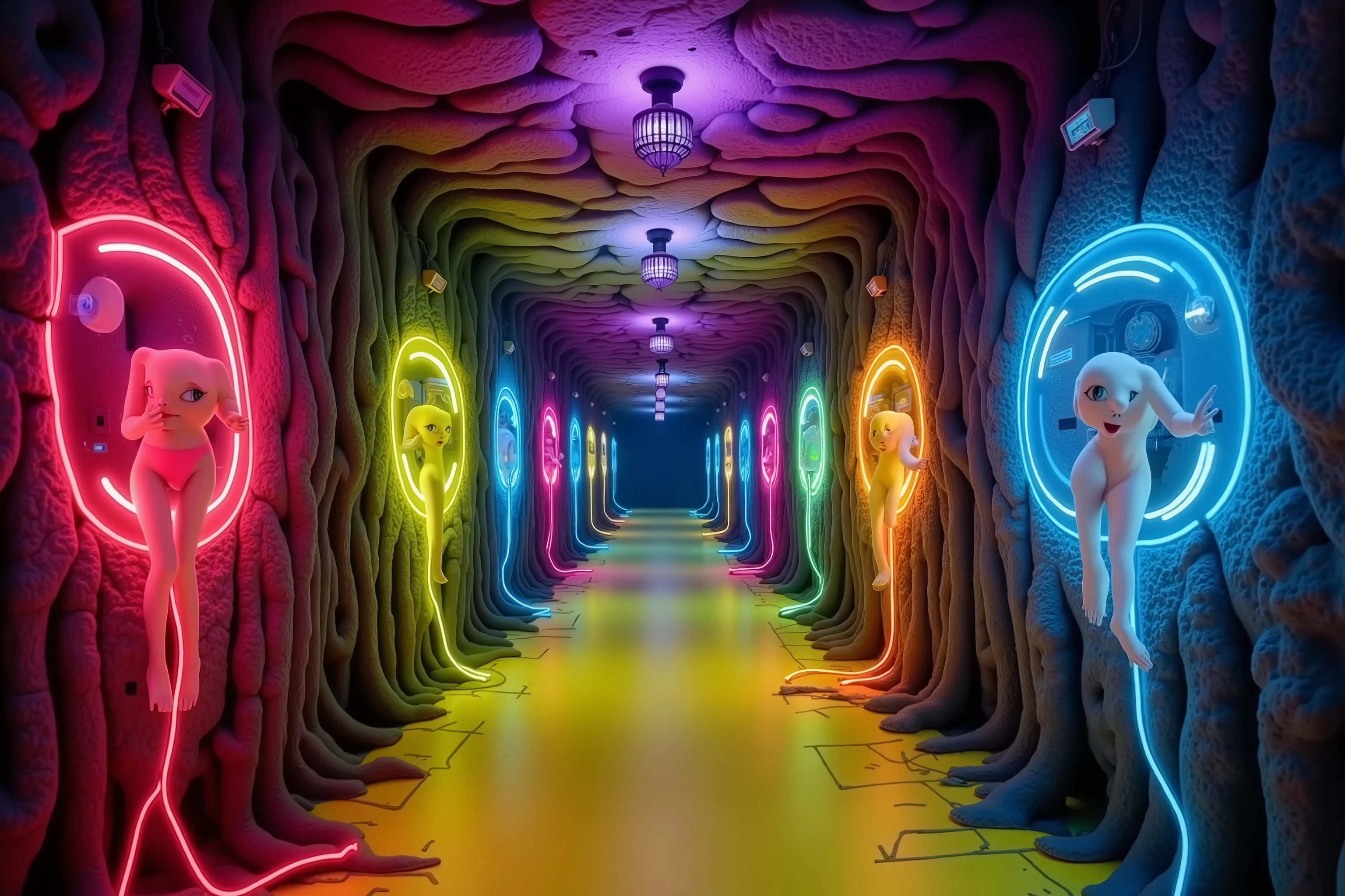 ln a scene of surreal horror, viewer is in a hallway (corridor, walls are made of brain matter along with wrinkles and brain designs) The floor is intestinal material., yellow. There are occasional clear doors with a gorgeous woman trapped inside presong deductively against the glass/ Endless corridor, surreal dream, viewer is in middle of the room, ultra realistic, the scene is lit by dimly glowing neurons (tentacles, lit like glow sticks, many different colors and intensities)
