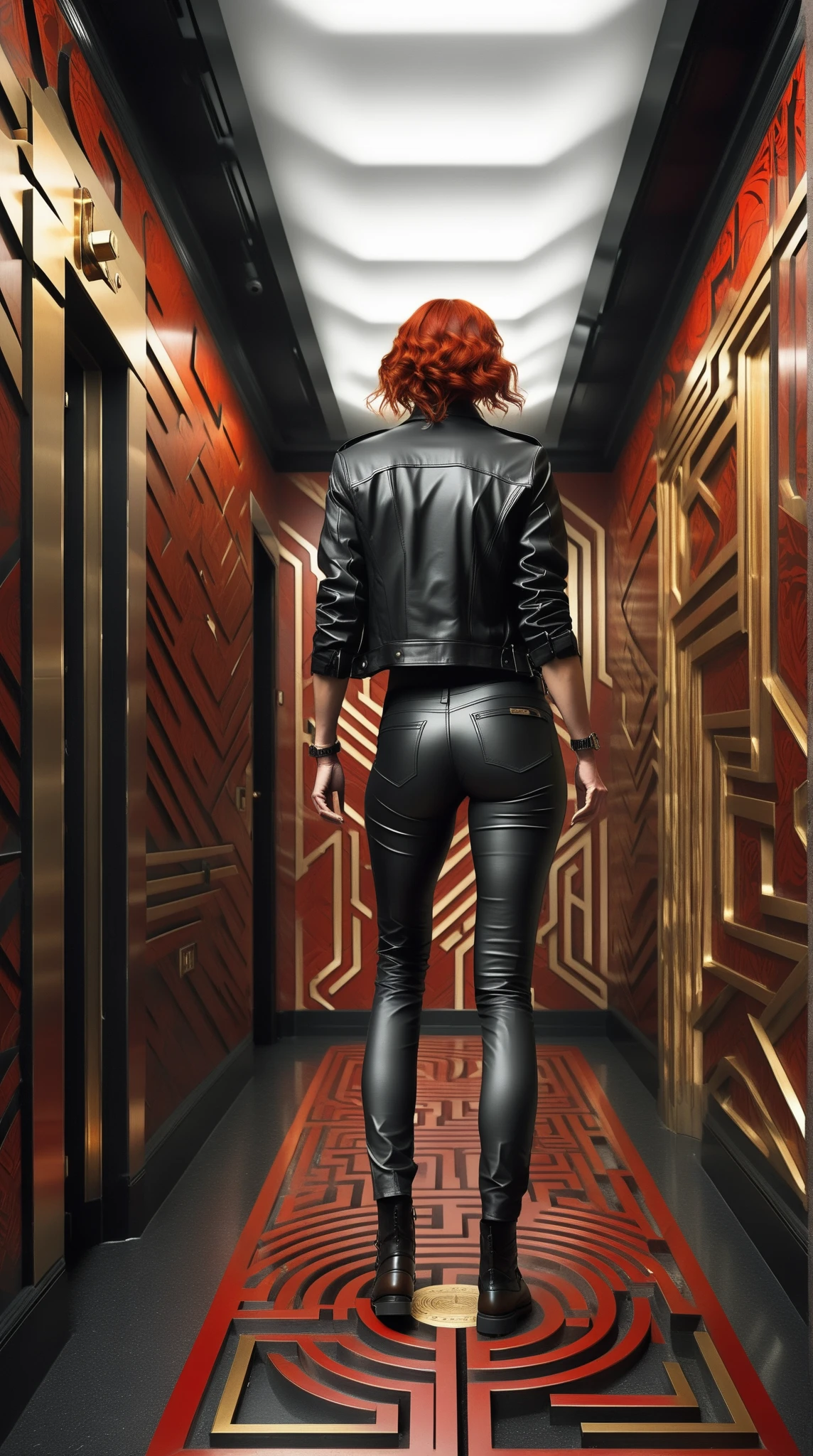 Score_9, score_8_up, score_7_up, source_real, photorealistic, rating_safe;; 1woman, J3sse, facing away, rear angle, (levitating off the floor:1.27), from behind;; crimson red hair, (fitted and cropped black leather jacket), tight grey t-shirt, (low-cut tight black pants), round hips, strong glutes, boots, (holding jet-black STI 1911 pistol in ready position:1.22);; art deco interior architecture, (indoors labyrinthine hotel corridors:1.42), (indoors endlessly shifting art deco hotel hall), (indoors endless liminal space:1.52), red and gold motifs, vintage dark wood hotel furniture, red and gold art deco patterned carpet, 1920s style background of wood and red and gold