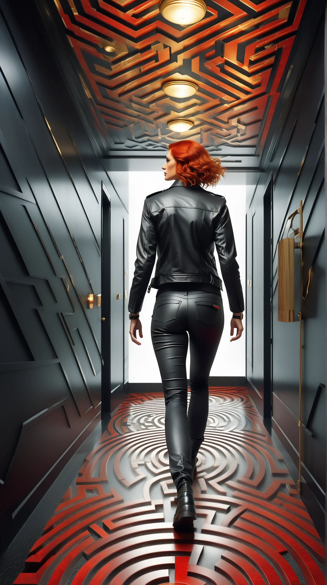 Score_9, score_8_up, score_7_up, source_real, photorealistic, rating_safe;; 1woman, J3sse, facing away, rear angle, (levitating off the floor:1.27), from behind;; crimson red hair, (fitted and cropped black leather jacket), tight grey t-shirt, (low-cut tight black pants), round hips, strong glutes, boots, (holding jet-black STI 1911 pistol in ready position:1.22);; art deco interior architecture, (indoors labyrinthine hotel corridors:1.42), (indoors endlessly shifting art deco hotel hall), (indoors endless liminal space:1.52), red and gold motifs, vintage dark wood hotel furniture, red and gold art deco patterned carpet, 1920s style background of wood and red and gold