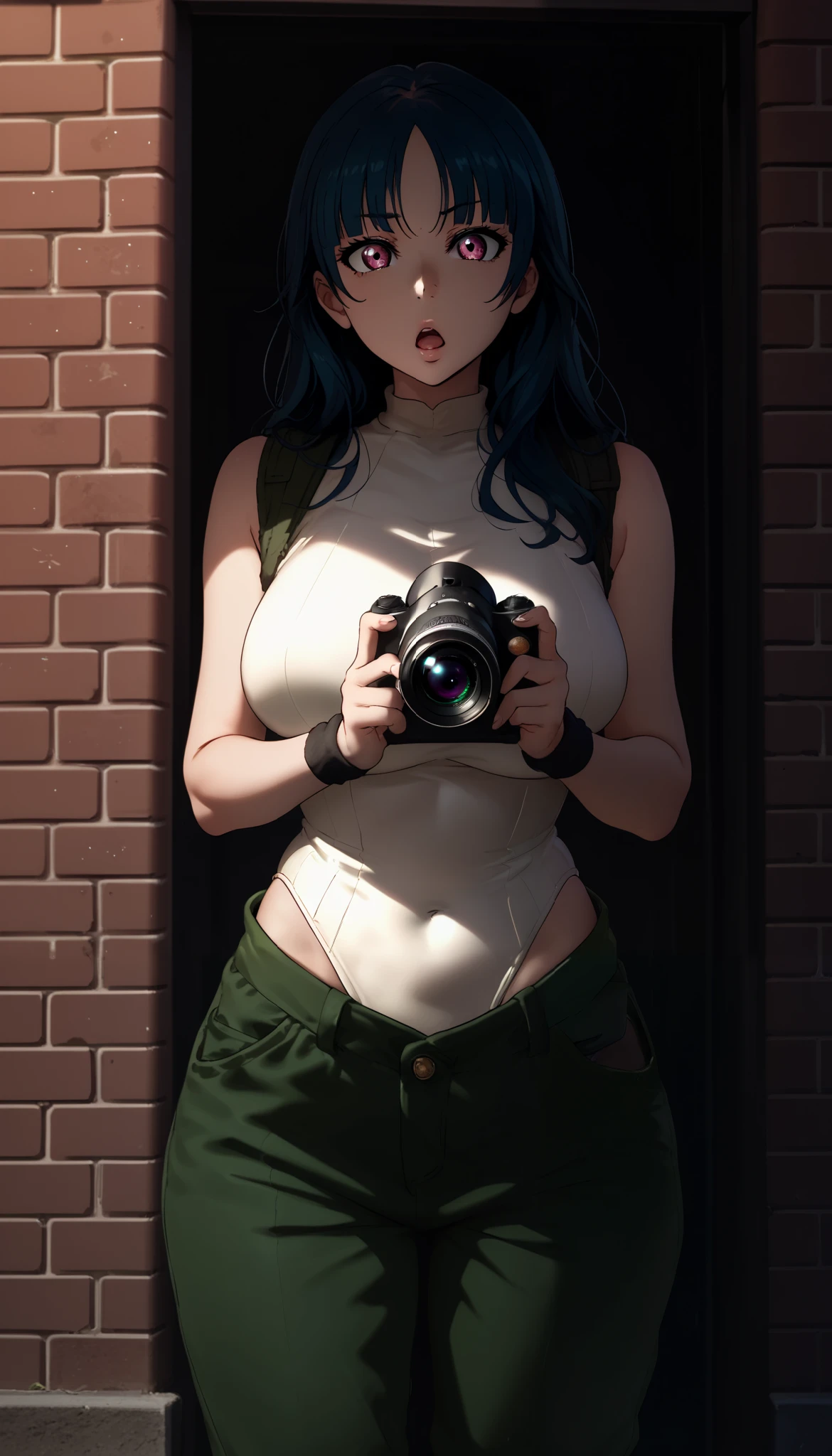 score_9, score_8_up, score_7_up, score_6_up, source_anime, 1girl, solo, defvla, Yoshiko Tsushima, navy blue long hair, parted bangs, white leotard top, sleeveless, wristband, large breasts, pink eyes, holding camera, chestnut mouth, outdoors, night peeking out, upper body, hiding behind brick wall, green baggy pants, looking at you,front view