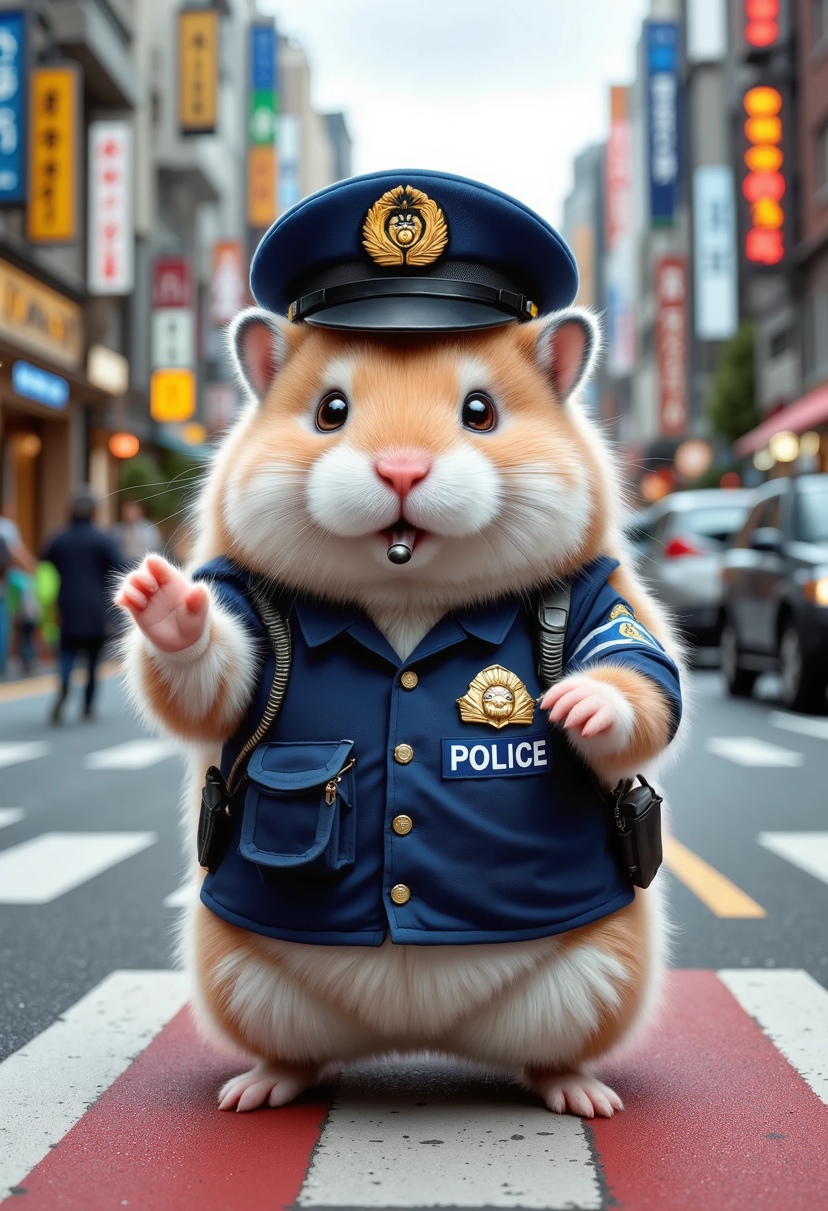 A very chubby, short-limbed, cute hamster wearing a Japanese Police Uniform. Directing traffic. Holding a whistle in its mouth.