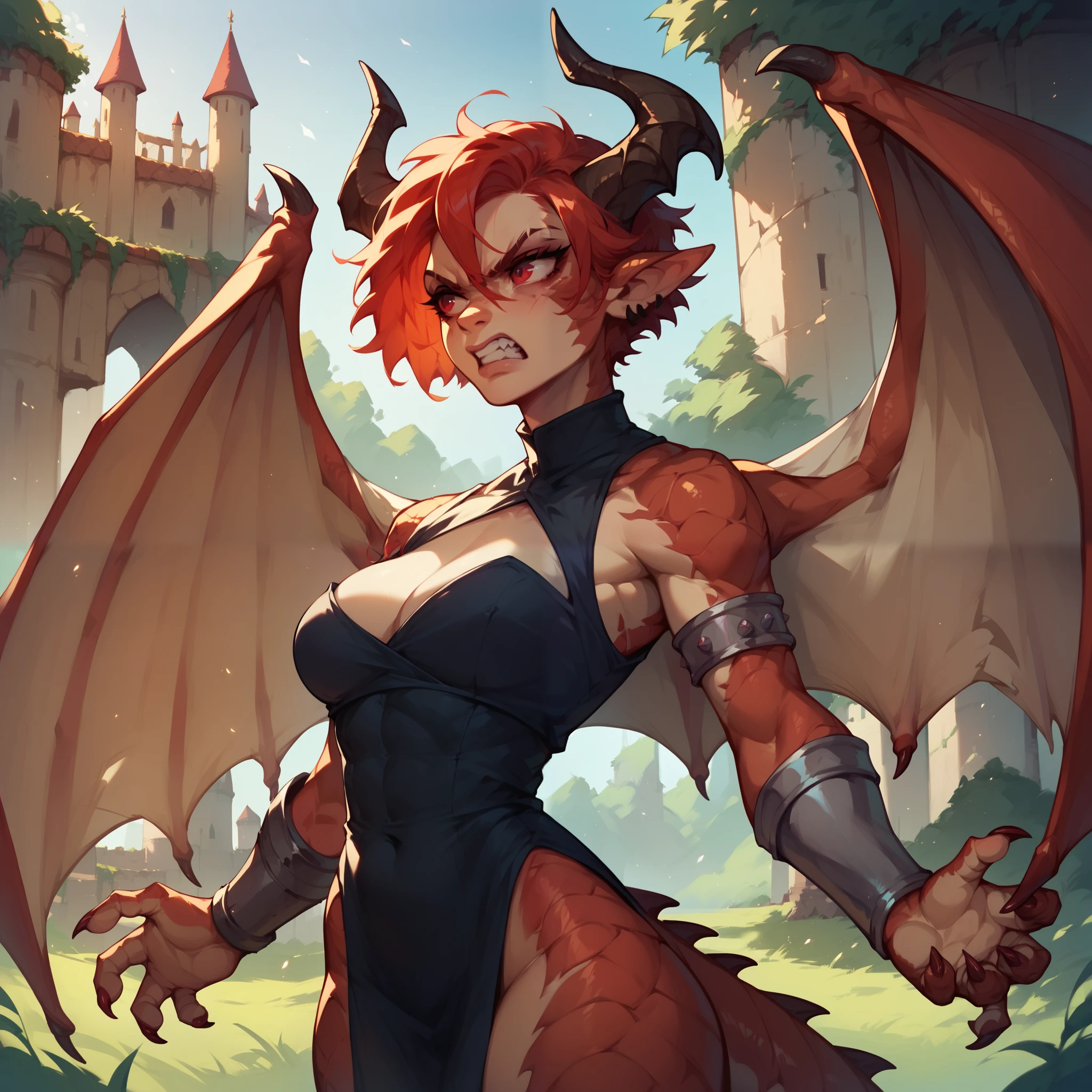 a female dragon with red eyes and short red hair. she has claws and wings and horns. she looks angry and is standing inside a dreary castle. she has on barbarian clothes waist up.