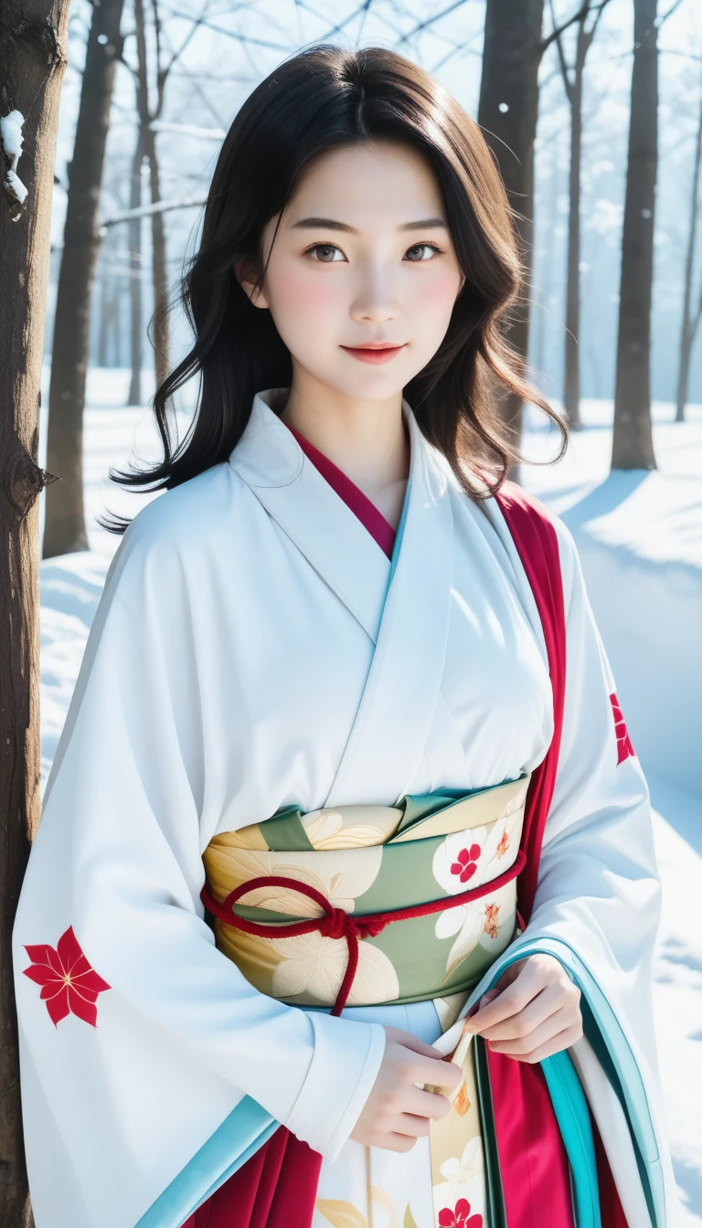  black hair、  cute顔, ( kimono)、( top quality,Masterpiece:1.3, super A high resolution,),( very detailed, caustics ),( Photorealistic:1.4,RAW shooting,) super realistic capture , very detailed,High resolution 16K suitable for human skin、  skin texture is natural 、、 for even skin tone and healthy appearance、  use natural light and color , one woman, Japanese ,, cute, black hair, Making middle hair ,( depth of written border 、 Color Difference、、Wide lighting range、Natural Shading、)、、( snow is falling :1.3)、( hair fluttering in the wind:1.3)、( snow reflects light :1.3)