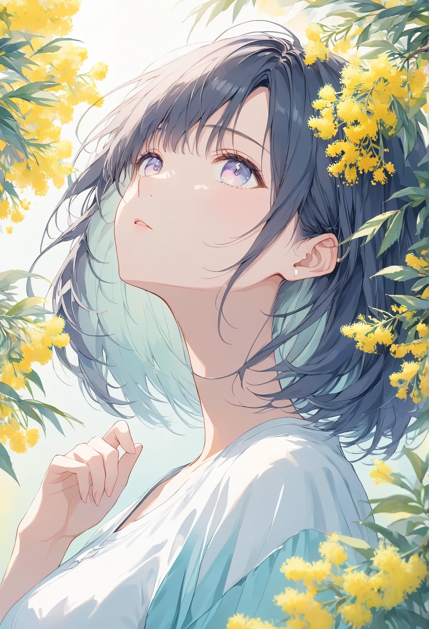 (( pastel、 Watercolor Style ))、 1 beautiful woman , relax , stylish relaxed wear ,diagonal, gradient eyes , pensive moderate blur , strong vignette , Light Colored Illustration , low angle, front The background is mimosa masterpiece, top quality , exquisite,8k, absurd, super detailed illustration