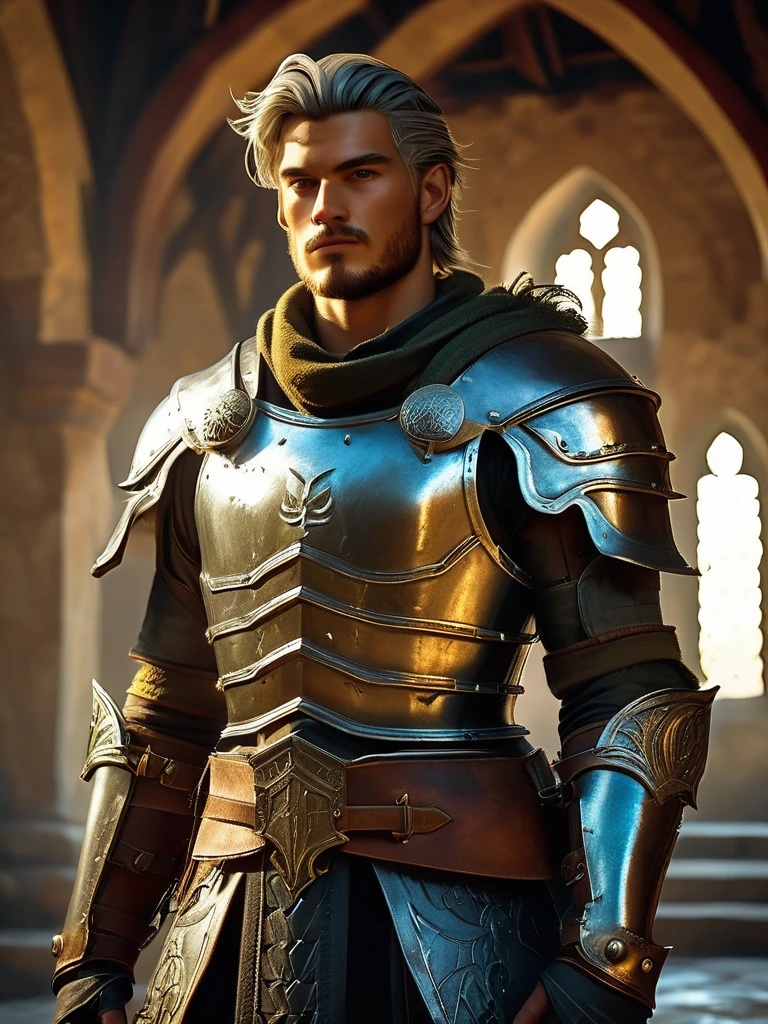 a elf man in armor standing in a battlefield, detailed face, medieval, fantasy