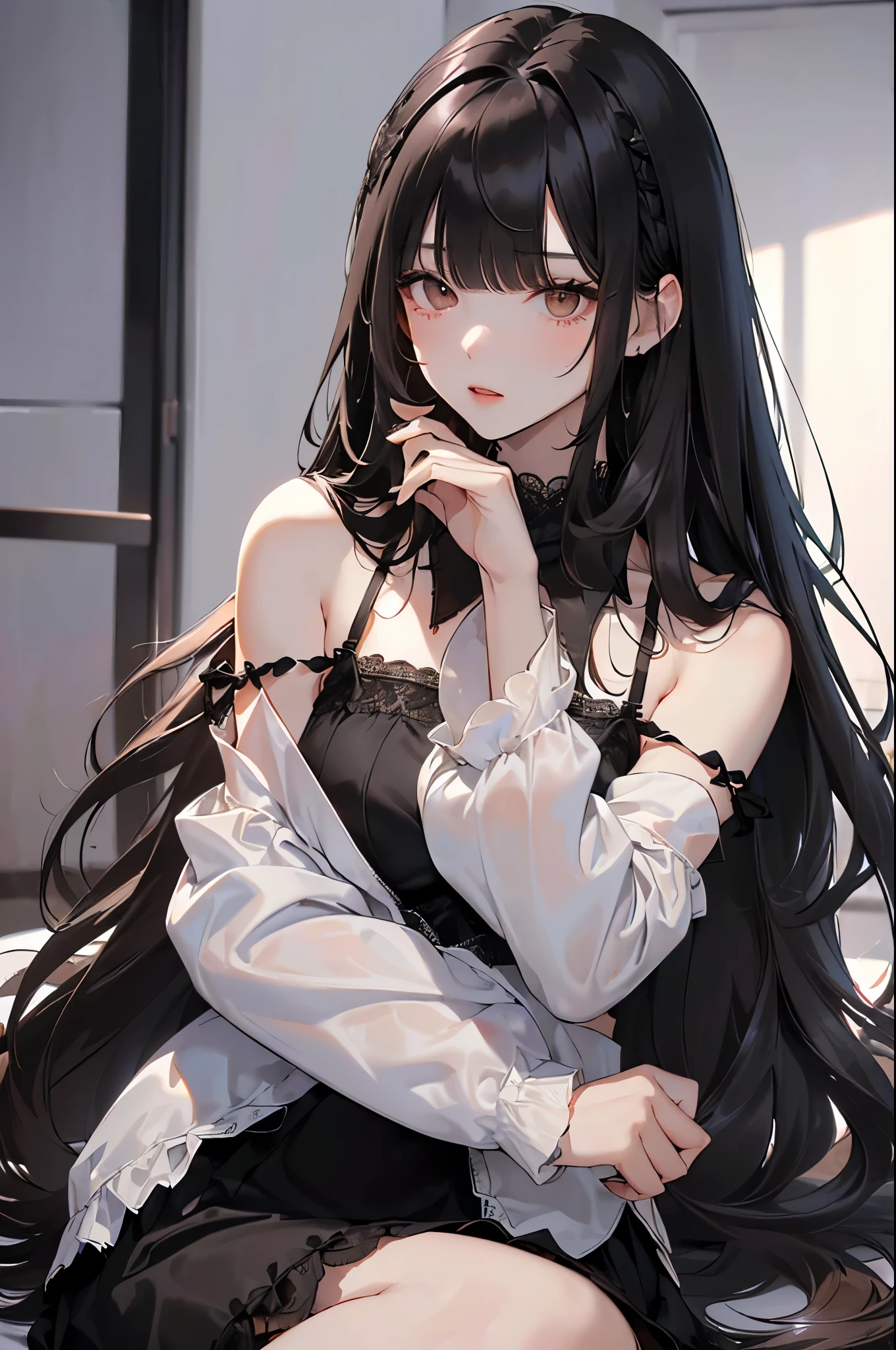 ((Highest quality))、((masterpiece))、(detailed)、((Anatomically correct))、(High resolution、8k)、(Beautiful Skin:1.1)、One woman、Look at me、Shiny black hair、long hair、Straight Hair、(Beautiful eyes:1.2)、White camisole、????? nipples、Shorts、White Room、stuffed toy、window

