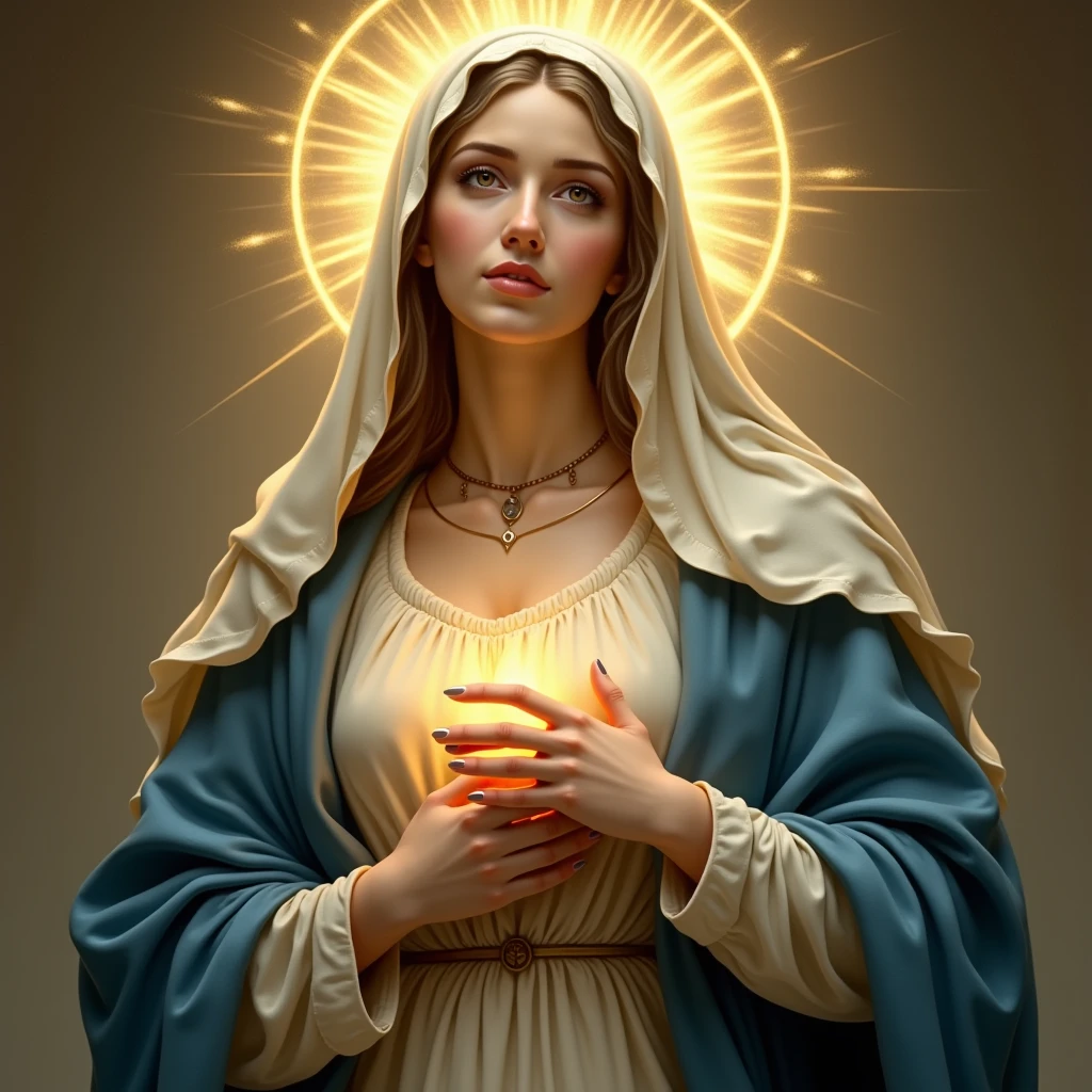 Beautifully detailed 、 Portrait of the Virgin Mary high resolution masterpiece。, Soutien-gorge et pagne auburn, blue coat, voile blanc, golden aura, Elle a un sourire magnifique qui met en valeur ses petits seins parfaitement formés..