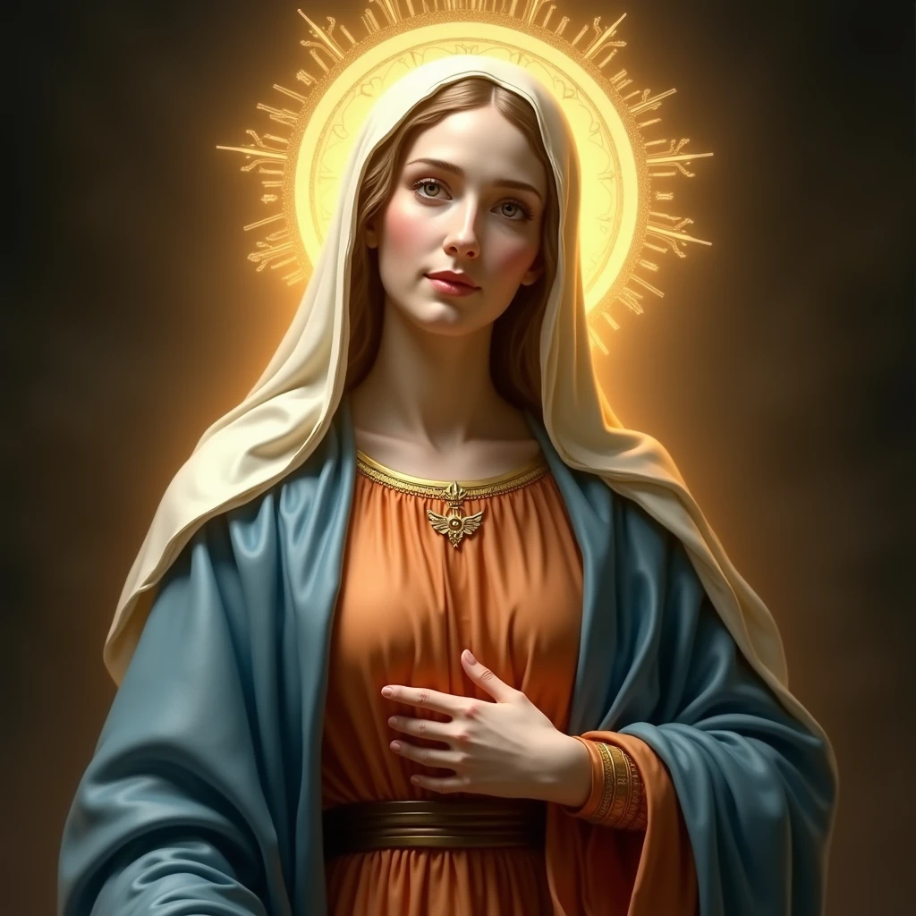 Beautifully detailed 、 Portrait of the Virgin Mary high resolution masterpiece。, Soutien-gorge et pagne auburn, blue coat, voile blanc, golden aura, Elle a un sourire magnifique qui met en valeur ses petits seins parfaitement formés..