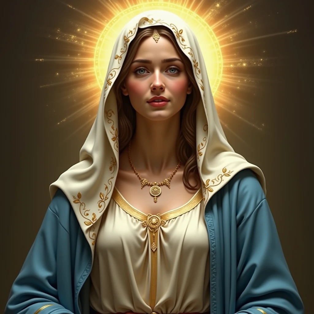 Beautifully detailed 、 Portrait of the Virgin Mary high resolution masterpiece。, Soutien-gorge et pagne auburn, blue coat, voile blanc, golden aura, Elle a un sourire magnifique qui met en valeur ses petits seins parfaitement formés..