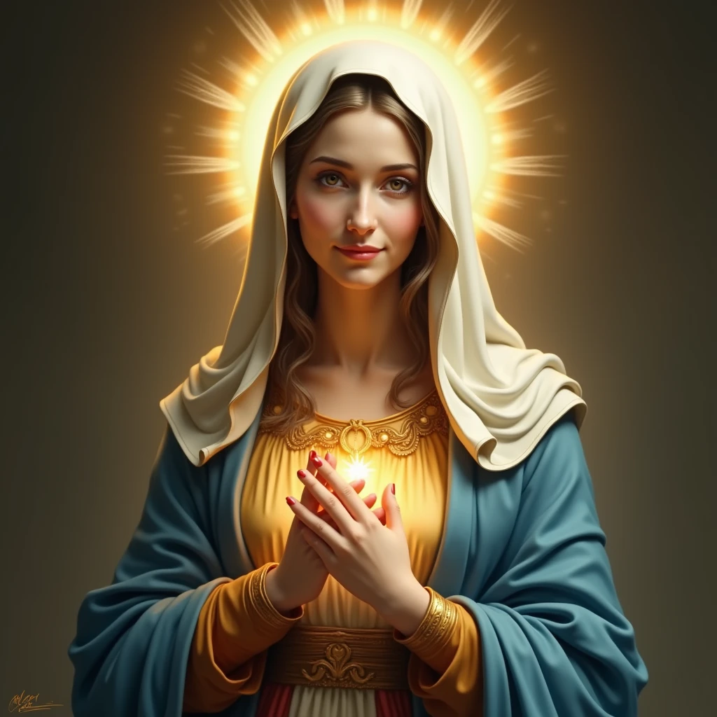 Beautifully detailed 、 Portrait of the Virgin Mary high resolution masterpiece。, Soutien-gorge et pagne auburn, blue coat, voile blanc, golden aura, Elle a un sourire magnifique qui met en valeur ses petits seins parfaitement formés..