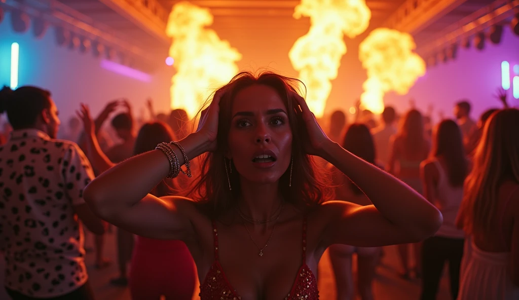 (BURNING CITY IN THE BACKGROUND) violent ultra hot gorgeous European women. Age 23. large breast, 95Dd breast size. cleavage. protesting holding signs saying; LOVE. Green hues.