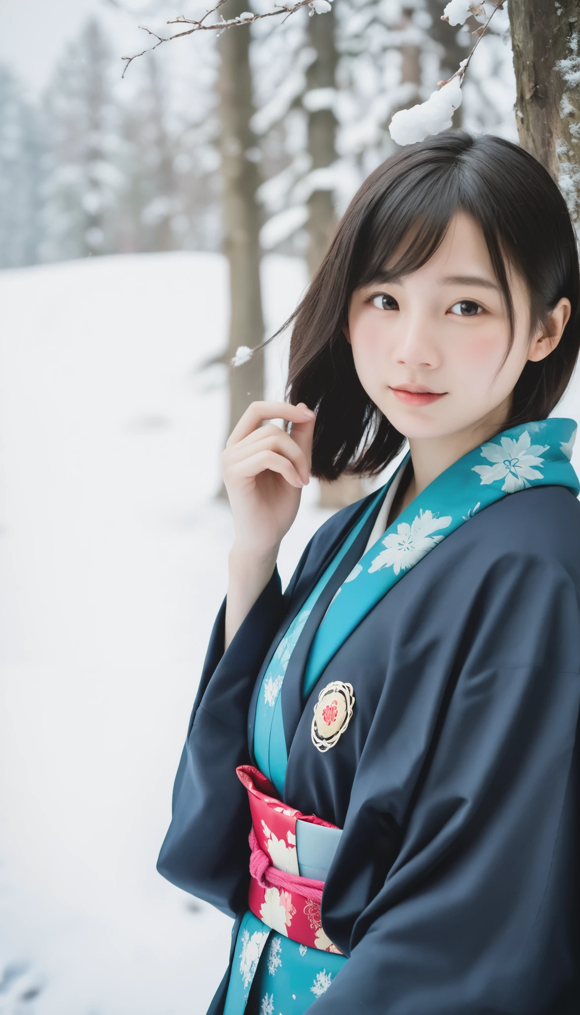  black hair、  cute顔, ( kimono)、( top quality,Masterpiece:1.3, super A high resolution,),( very detailed, caustics ),( Photorealistic:1.4,RAW shooting,) super realistic capture , very detailed,High resolution 16K suitable for human skin、  skin texture is natural 、、 for even skin tone and healthy appearance、  use natural light and color , one woman, Japanese ,, cute, black hair, Making middle hair ,( depth of written border 、 Color Difference、、Wide lighting range、Natural Shading、)、、( snow is falling :1.3)、( hair fluttering in the wind:1.3)、( snow reflects light :1.3)