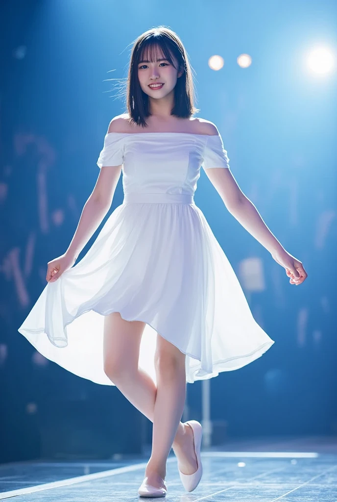 (8k、    RAW photos 、    Top Quality 、Masterpiece:1.2)、(    realistic 、    realistic )、    1 girl、((    Off-the-Shoulder White Dress、 、    on stage、    illuminated by the spotlight、 Front View 、smile、    staring at the camera  、smile、    full body photo:1.5))、    cute、    small breasts、   Singing on a microphone   、Dancing、((  Skirt is fluttering in the wind  ))